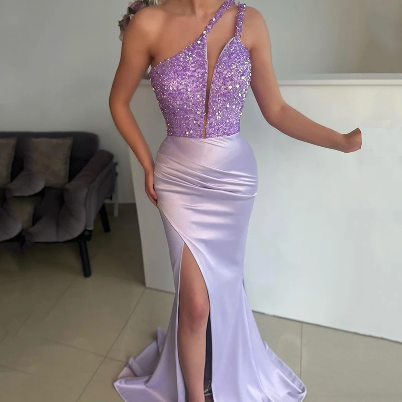 

Thinyfull Sexy Mermaid Prom Dresses One Shoulder Sequines Evening Dress Saudi Arabia Dubai Cocktail Party Prom Gown Custom Size