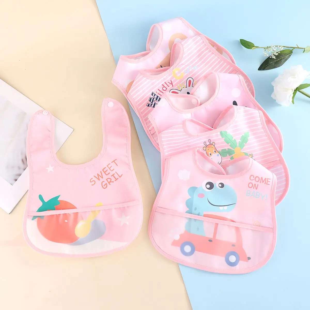 Random pattern 6/8 piece set baby rice pocket baby waterproof saliva towel baby bib bib eating bib