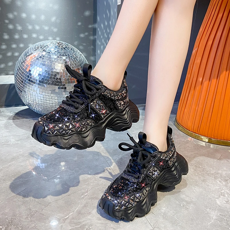 Fashion Shiny Ladies Platform Shoes Sneakers Women Trend 2024 New Spring Platform Lace Up Rhinestone Women Casual Shoes