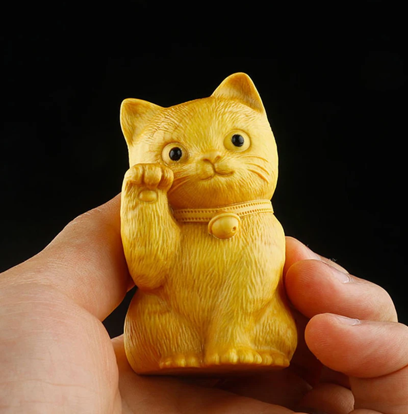 6.8CM Lovely Cat Boxwood Figurine Carving Lucky Animal Statue Feng Shui Sculpture Collectible Ornament - #W164