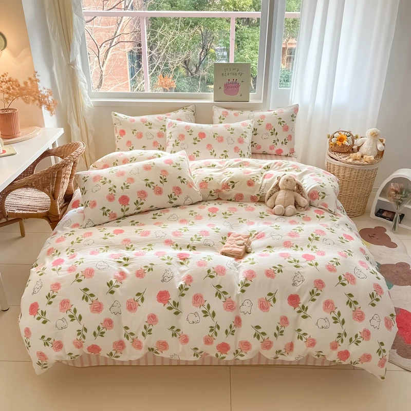 Pink Rose Floral Bunny Duvet Cover 4pcs Bedding Set Lovely Rabbit Comforter Cover Polyester Quilt Cover Flat Sheet 2 Pillowcases