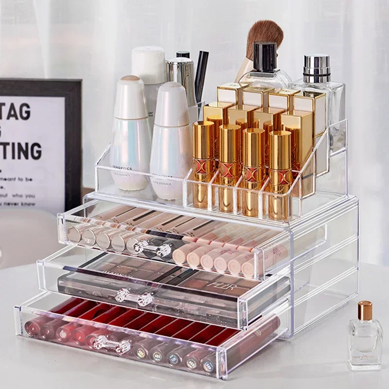 Clear Acrylic Makeup Layered Storage Box Dressing Table Cosmetic Lipstick Finishing Grid Box Desktop Drawer Storage Compartment