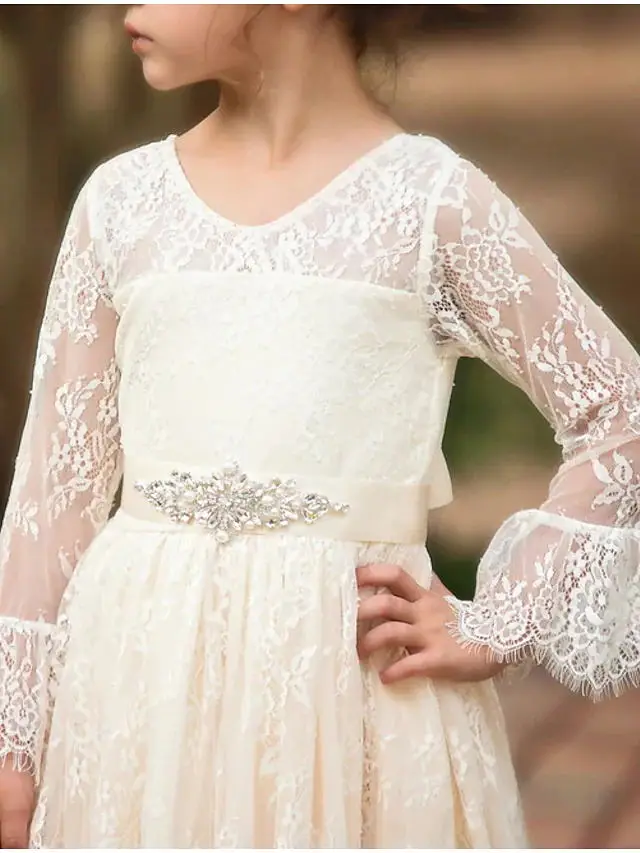 V-Neck Asymmetrical Flower Girl Wedding Dress Lace Long Sleeve Embroidered Party Costume Classic Bow Princess Prom Dress Chapel