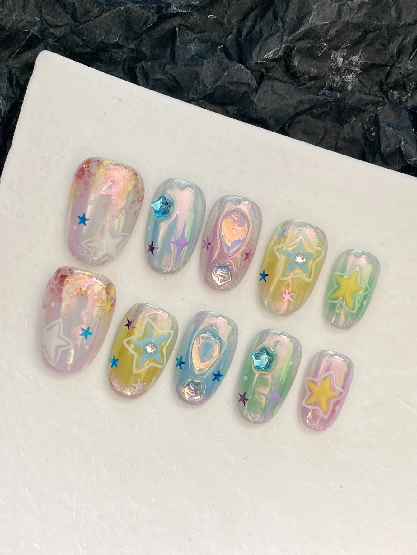 

10Pcs Press on Nails Aurora Gradient Multicolored Stars Fake Nails Includes 1 Sheet Adhesive Tabs & 1 Pc Mini File