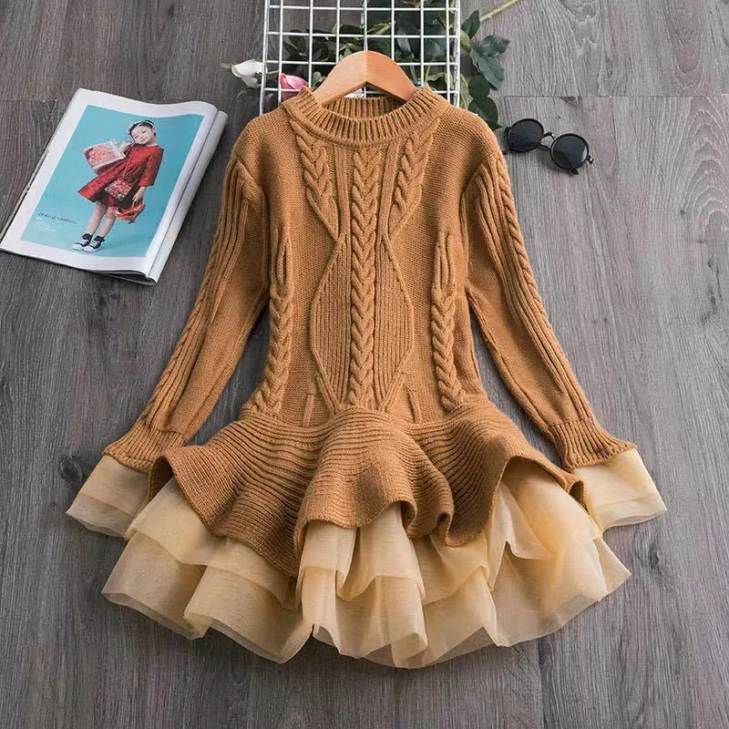 Long Sleeve Girls Winter Dress For 3-7 Years 2024 New Knitted Sweater Outfits Red Christmas Party Dress for Girls Kids Costume