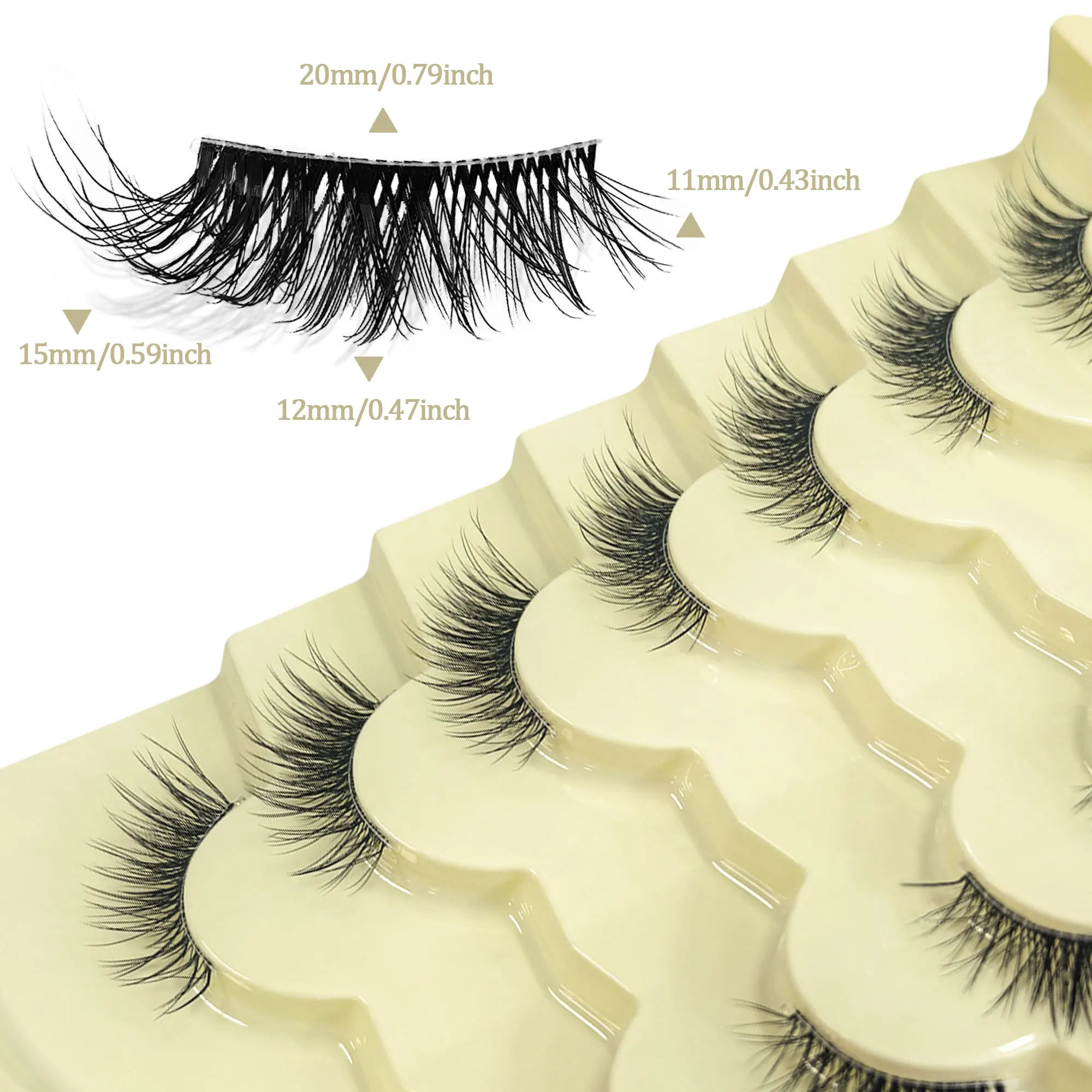 7 paar 3D halve wimpers, transparante band, langwerpige buitenhoeken, zacht en natuurlijk, geschikt voor dagelijks gebruik.