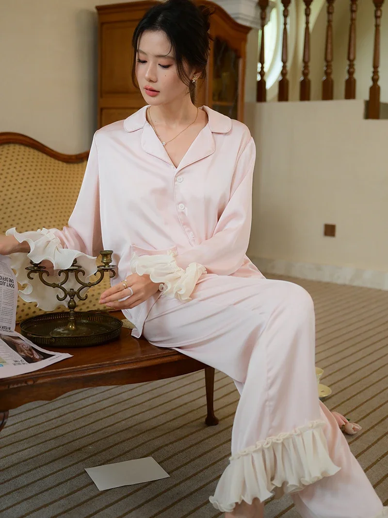 Pink Women Silk Ruffles Long Sleeve Princess Pyjama Pour Femme Sleepwear Loungewear Sweet Girl Nightwear Two Piece Sets