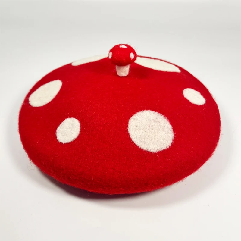 RH Ladies Cute Mushrooms Red Handmade Wool Felt Beret Creative Painter Hat Girls Birthday Gift Warm Cap For Autumn Winter