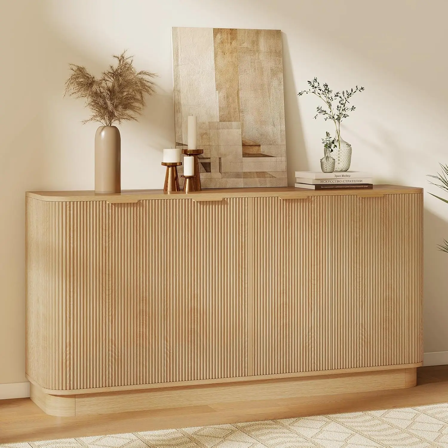 

63" Sideboard Buffet Cabinet with Storage, Fluted Cabinet with 4 Doors & Adjustable Shelves,Dining Room and Living Room, Natural