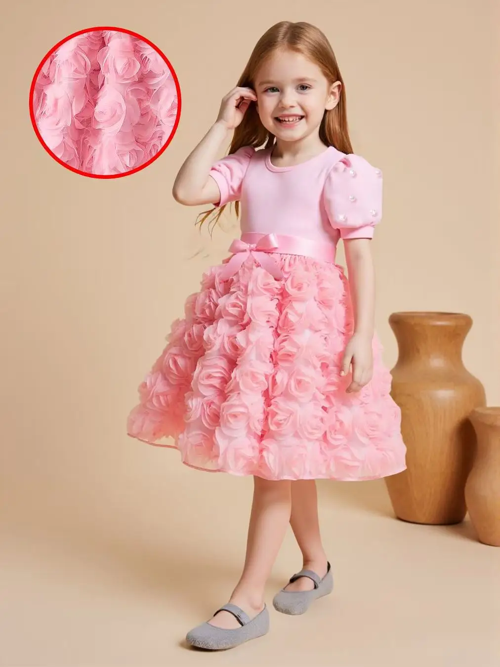 

2026 New Girls Pearl Beaded Rose Floral Short Sleeve Dress Cute Kids Princess Party Dress for 4-7Y