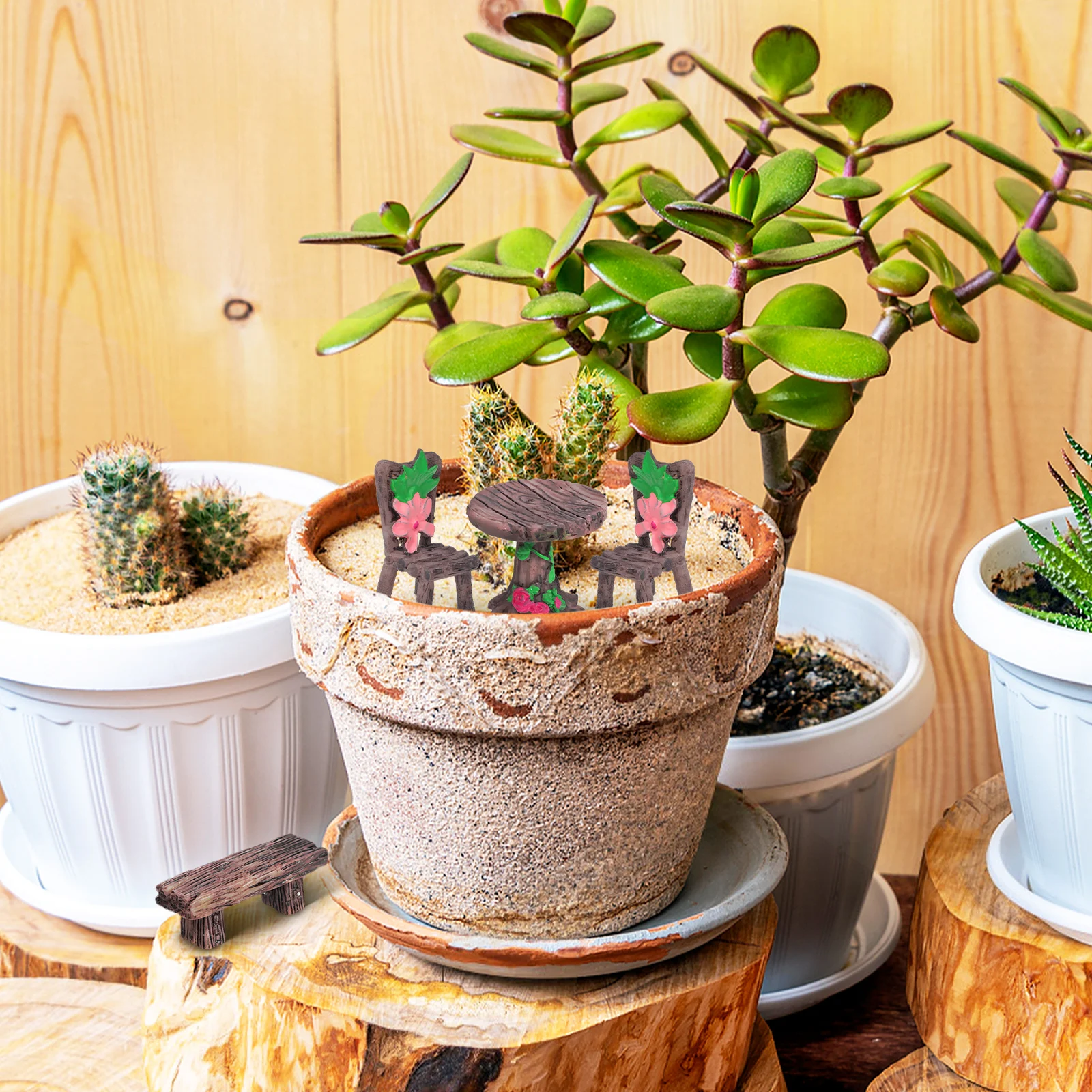 

10 pcs Miniature Garden Furniture Rustic Resin Tables Chairs Benches For Micro Landscapes Terrarium Crafts Decorations