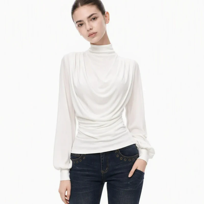 Women's Swinging Collar Design Lantern Sleeve Semi-turtleneck T-shirt Versatile Slim Long-sleeved Bottoming Shirt Ladies New