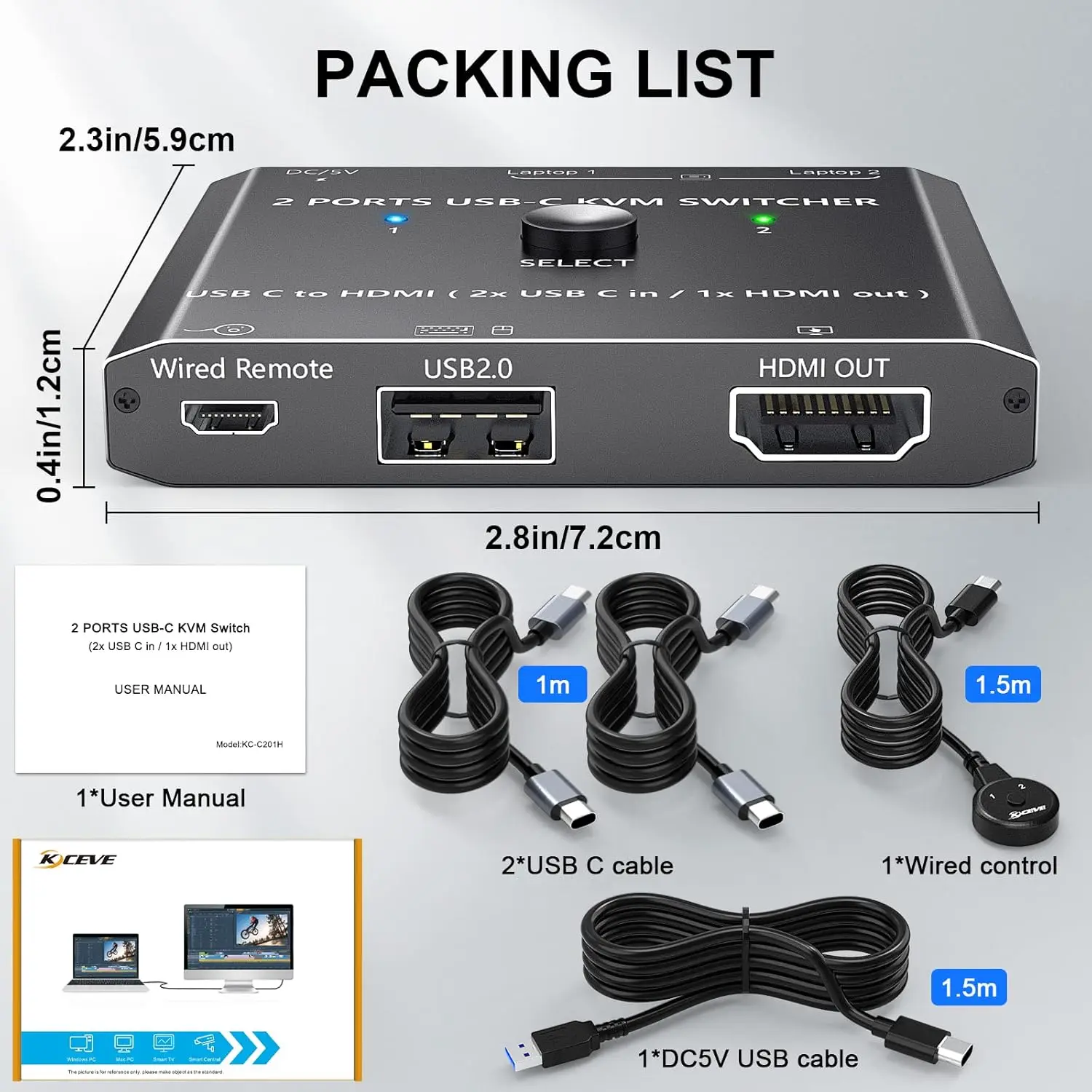 NEU USB Typ C KVM Switch 4K@60Hz 2-Port Typ C auf HDMI Switcher für 2-USB-C Port Laptops Teilen 1 HDMI Monitor und USB Geräte