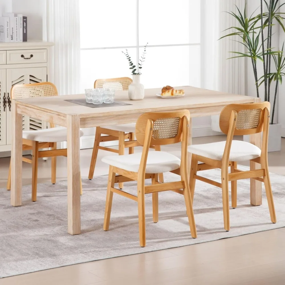 

Rattan Dining Chairs Set of 4 Beige Linen Fabric Dining Room Chairs Natural Wooden Kitchen Chairs Farmhouse