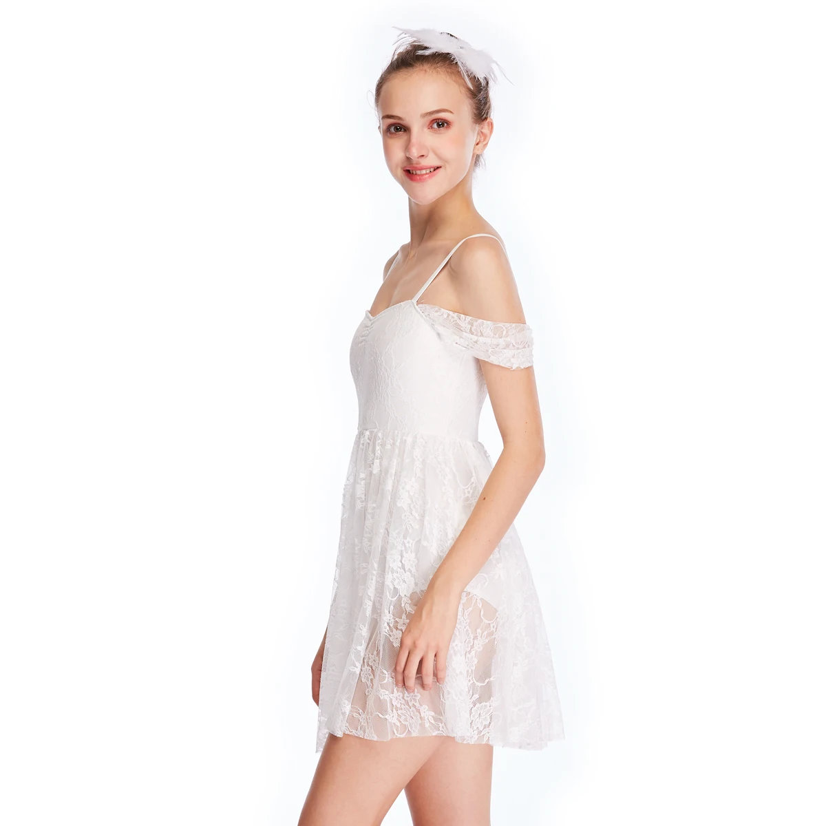 Lace Lyrical Dresses Contemporary Dance Costume with Drap Sleeves and Sweetheart Neck Leotard Attached Under Neath