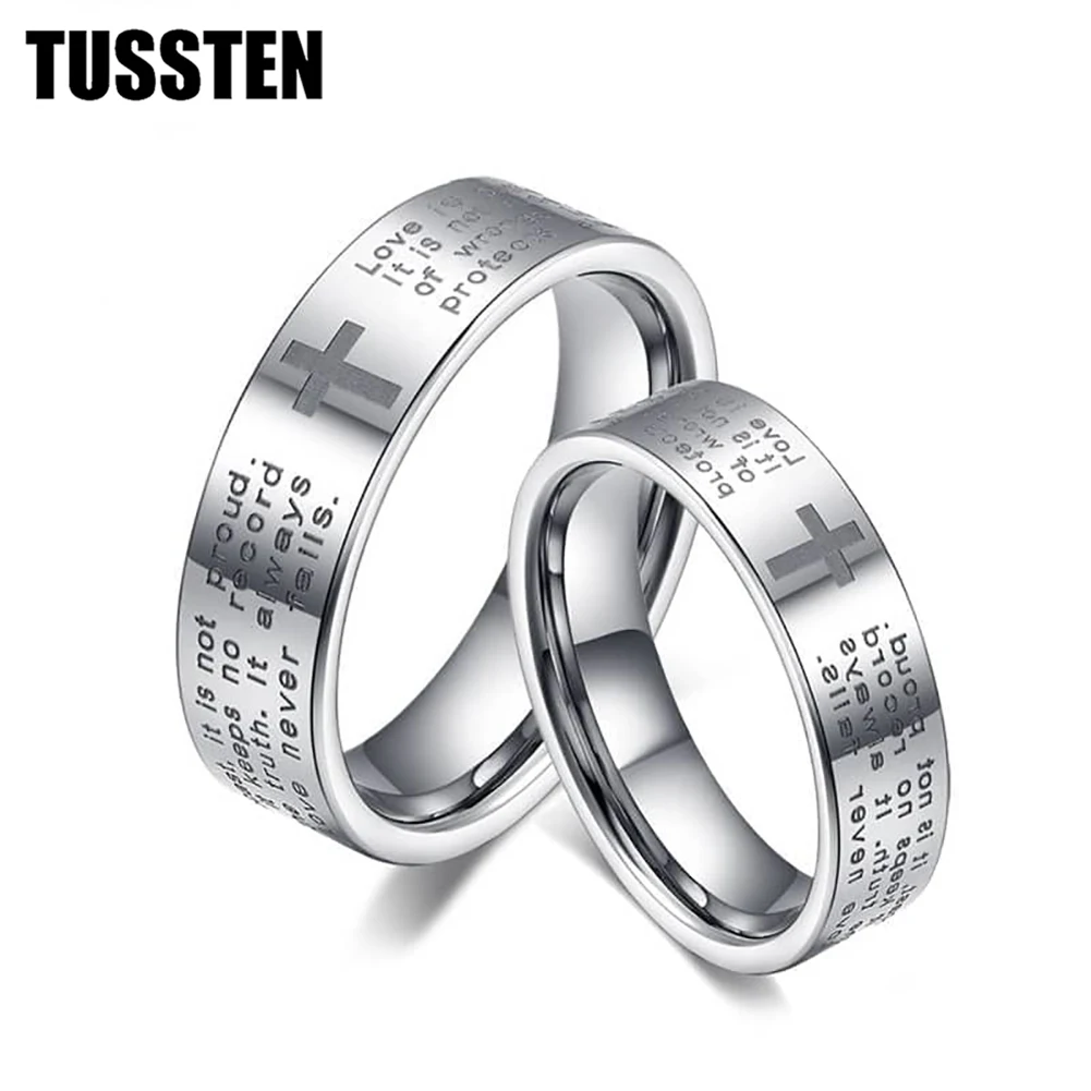 TUSSTEN 6/8MM Tungsten Wedding Band Ring for Men Women Lord's Prayer Cross Ring Flat Polishing Bible Engraved Rings