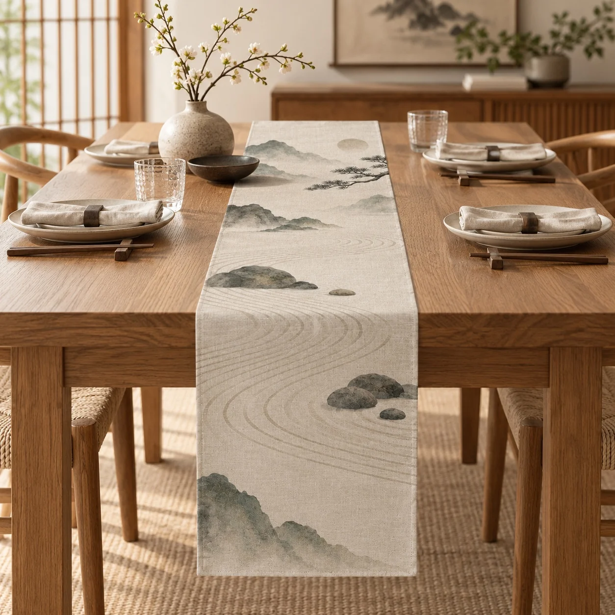 Japanese Zen Table Runner Minimalist Mountain Landscape Ink Painting Style Dining Table Decor Wabi Sabi Home Kitchen Decoration