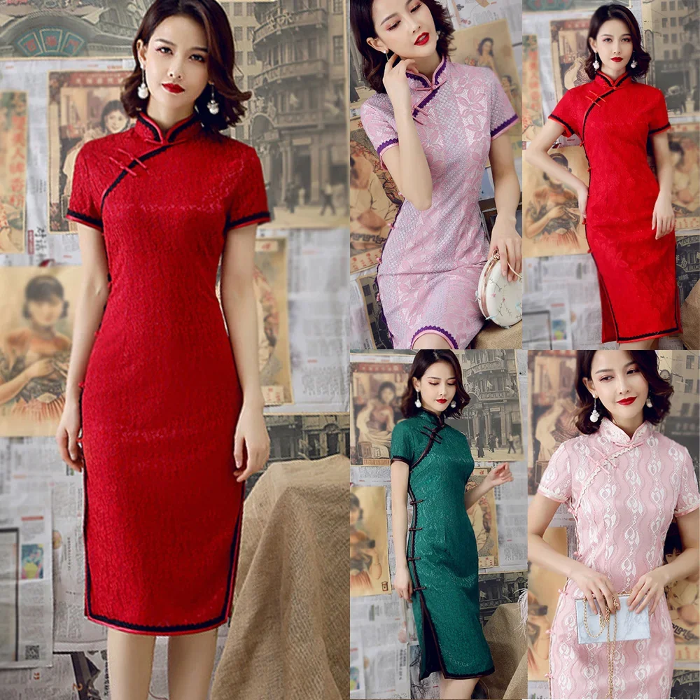 Slim Cheongsam Dresses Thin Women Autumn Bodycon Button Floral Handmade Lace Long Printed Classical Fashion New