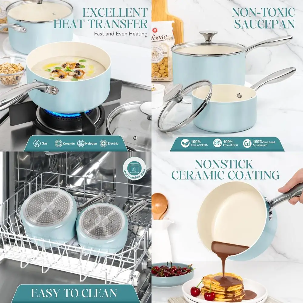 

Light Blue Ceramic Non-Stick Saucepan Set, 3-Piece, 1Qt, 2Qt, 3Qt, Oven Safe, Scratch-Resistant Cookware