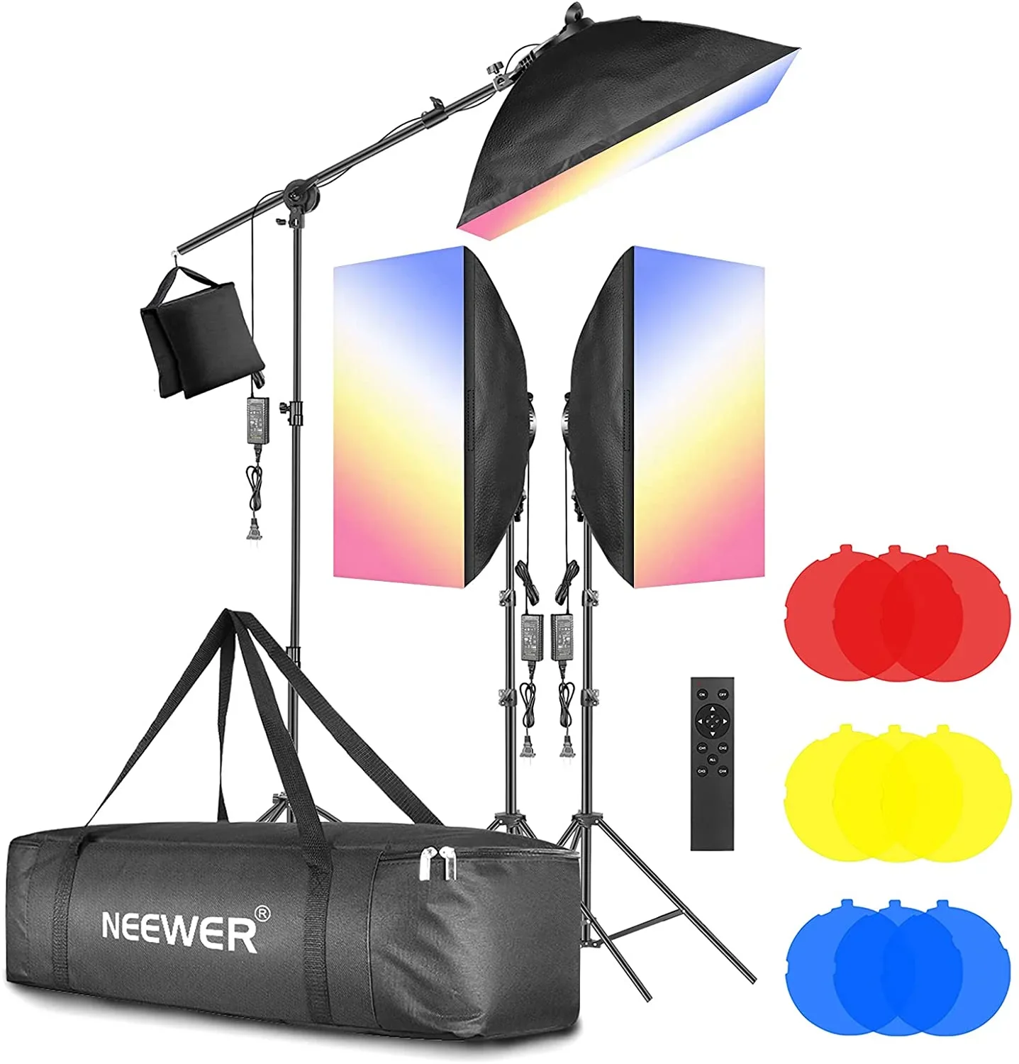 

Neewer 3-Pack 2.4G LED Softbox Lighting Kit With Color Filter:Softbox, 48W Dimmable LED Light Head With 2.4G Remote, Light Stand