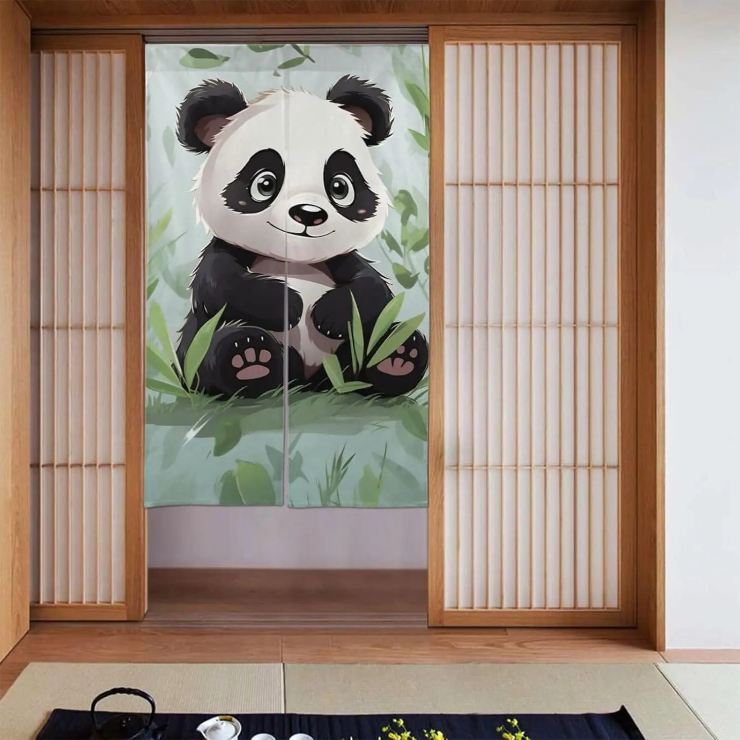 Kawaii Panda Noren Curtain, Giant Panda with Bamboo Leaves Print, Japanese Style Door Curtain for Living Room Nursery Playroom