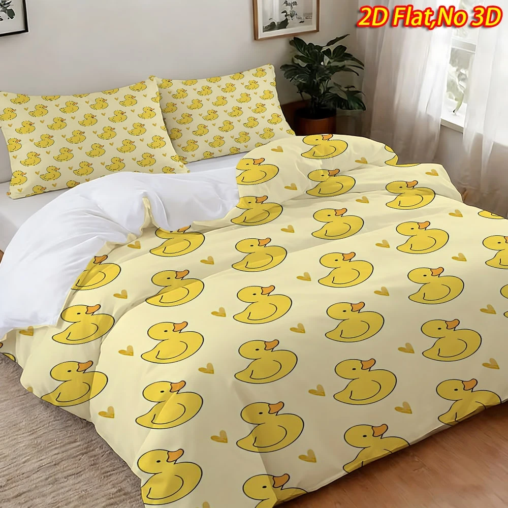 Soft Duvet Cover Set of Three, 2D Flat Printed Duvet Cover Set of Three, Little Yellow Duck and Heart Theme, Breathable Polyester Duvet Cover Set, Halloween Decoration, Suitable for All Seasons, Machine Washable, Invisible Zipper, Large Duvet Cover Set, Bedding Set, Quilt Cover