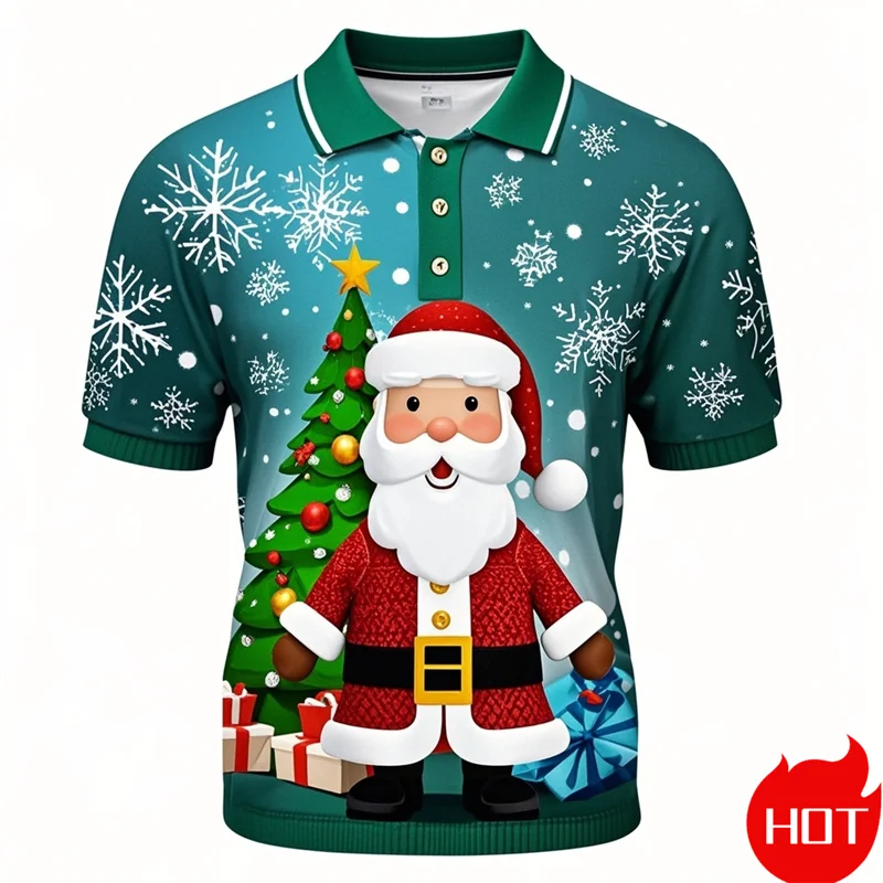 Funny 3D Cute Santa Claus Xmas Printing Polo Shirt For Men Happy Christmas Graphic Merry Christmas Graphic Shirts Blouses Polos