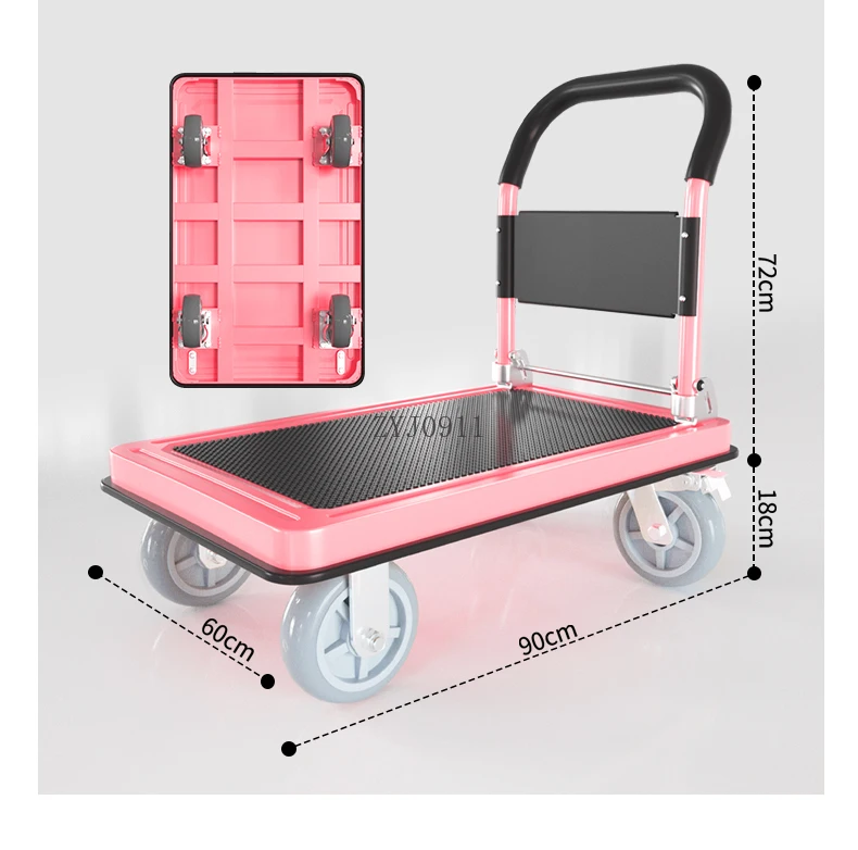 Pink trolley to pull goods, light hand push truck, flat folding trolley