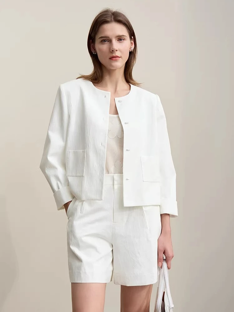 Chaqueta Amii para Mujer, Primavera 2026, Cuello Redondo, Hebilla Metálica, Chaqueta de Jacquard de Algodón, Estilo Retro, Holgada, Manga Larga, 12641110