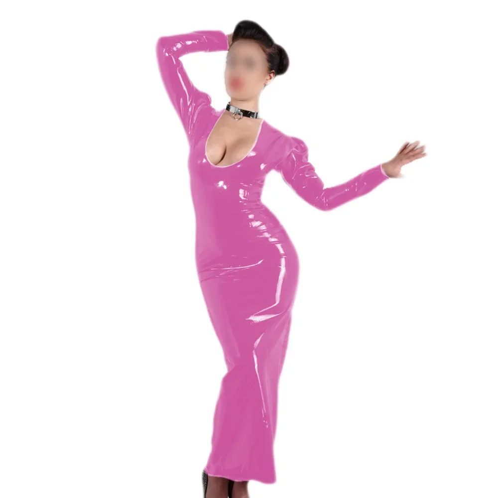 

Sexy Vinyl PVC Leather Bodycon Long Dress Hollow Out Long Sleeve Slim Fit Maxi Pencil Dresses Wet Look Evening Party Vestido 7XL