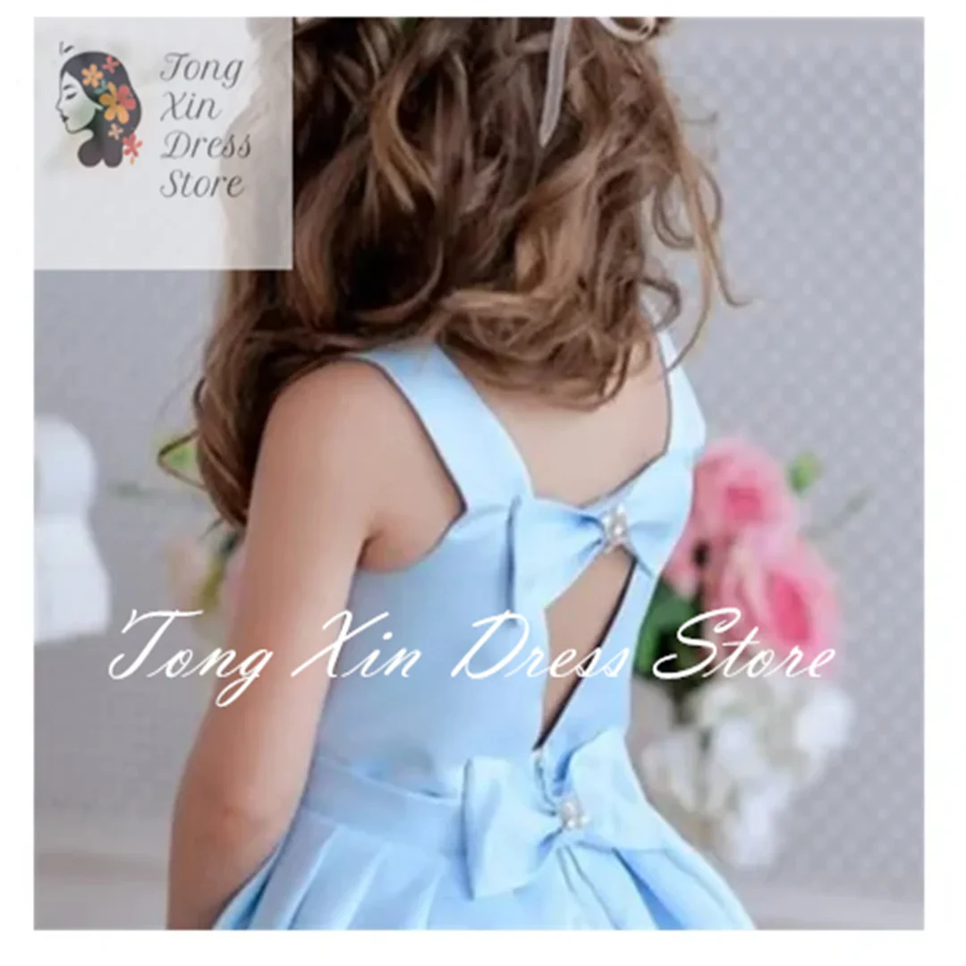 Customized Wedding Elegant Little Flower Girl Dress Blue Long Backless Bow Decorated Flower Children First Communion Party