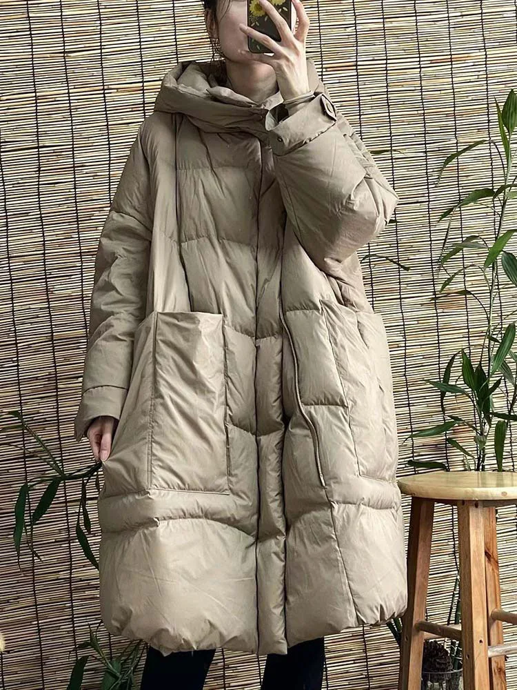 Schinteon Women White Duck Down Long Jacket with Hood Loose Over Size Coat Autumn Winter Warm Outwear Korean Style Big Pockets