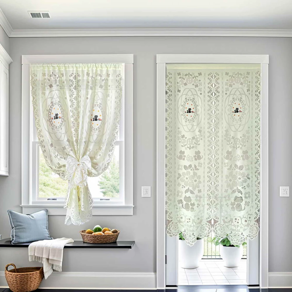 Japanese Style Doorway Curtains Noren, Cat Embroidery Lace Short Curtains for Shops, Kitchen Hollow Design Light Filtering Drape