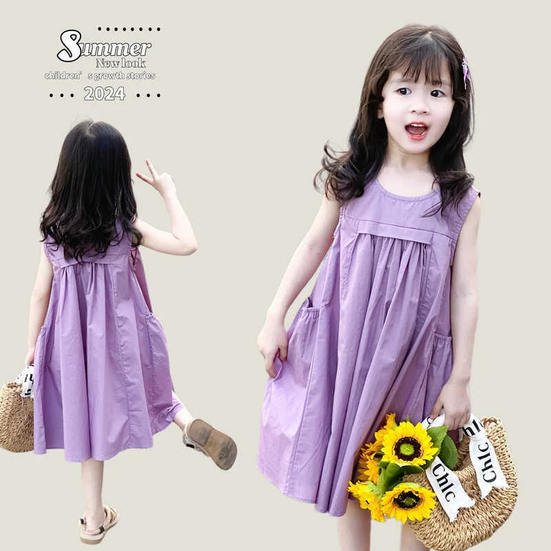 

Girls' stylish summer dress, pure cotton violet princess dress, sleeveless children's dress, lightweight