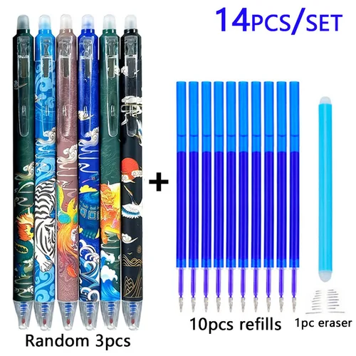 14 unids/set bolígrafo Neutral borrable con elementos mitológicos chinos antiguos punta de bolígrafo de 0,5mm, escritura de tinta de Color negro y azul sin problemas