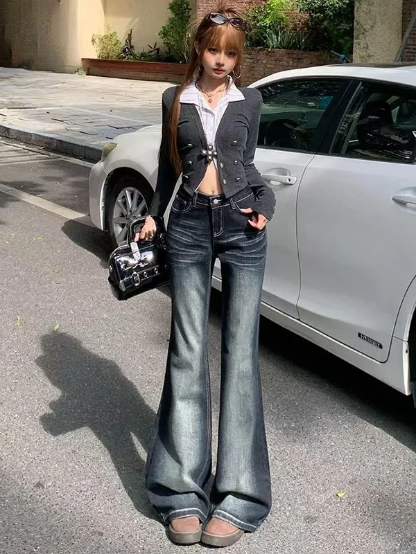 

Retro American High Street Washed Bell Bottom Jeans Women's Spring Autumn Slimming Long Pants Not Tight Fit Casual Wear