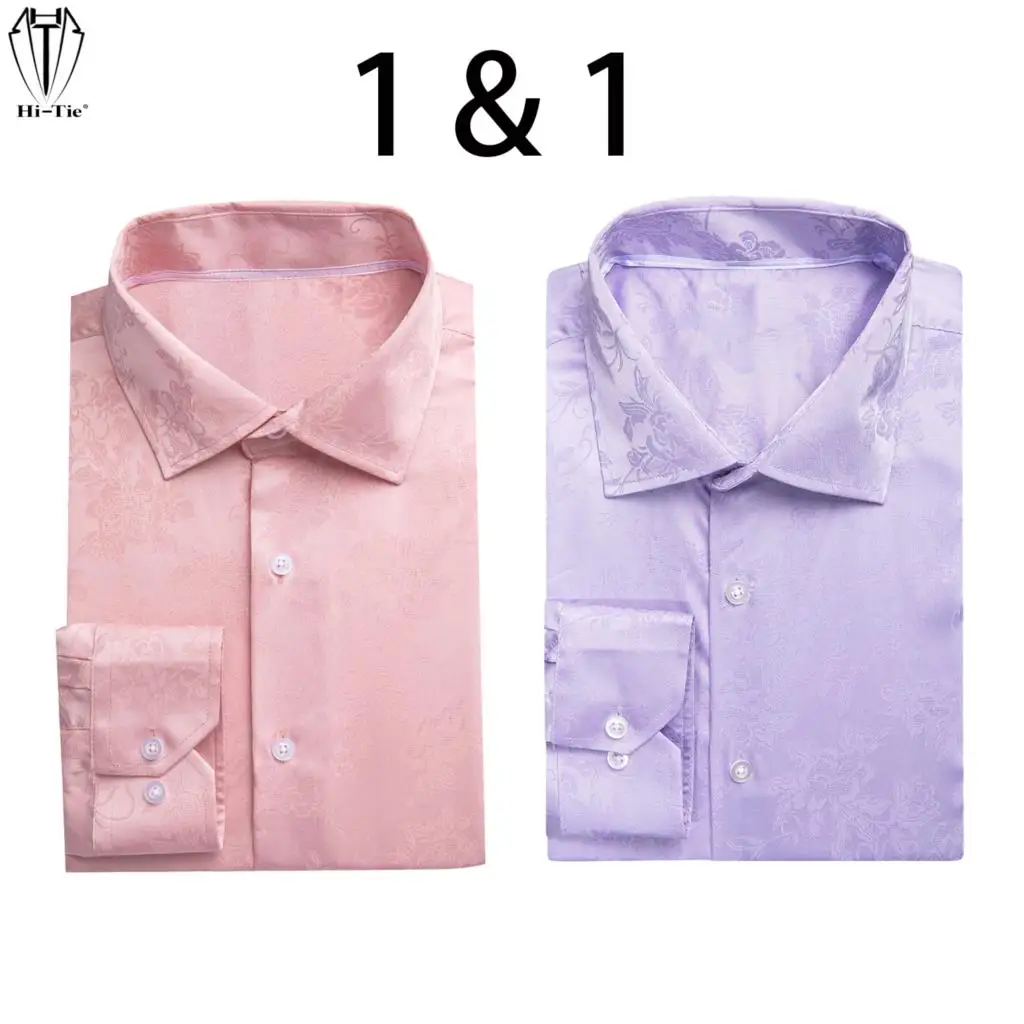 Hi-Tie Silk Mens Shirts Long Sleeve Dress Suit Shirt Jacquard Floral Male Blouse Lilac Purple Rose Pink Wedding Party Oversized