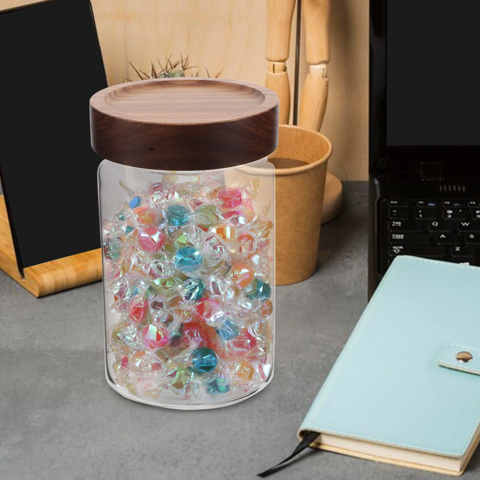 

Glass Jar with Wood Lid - Airtight Food Storage Container for Tea Coffee Sugar Cereal Grains Spices Kitchen Organization