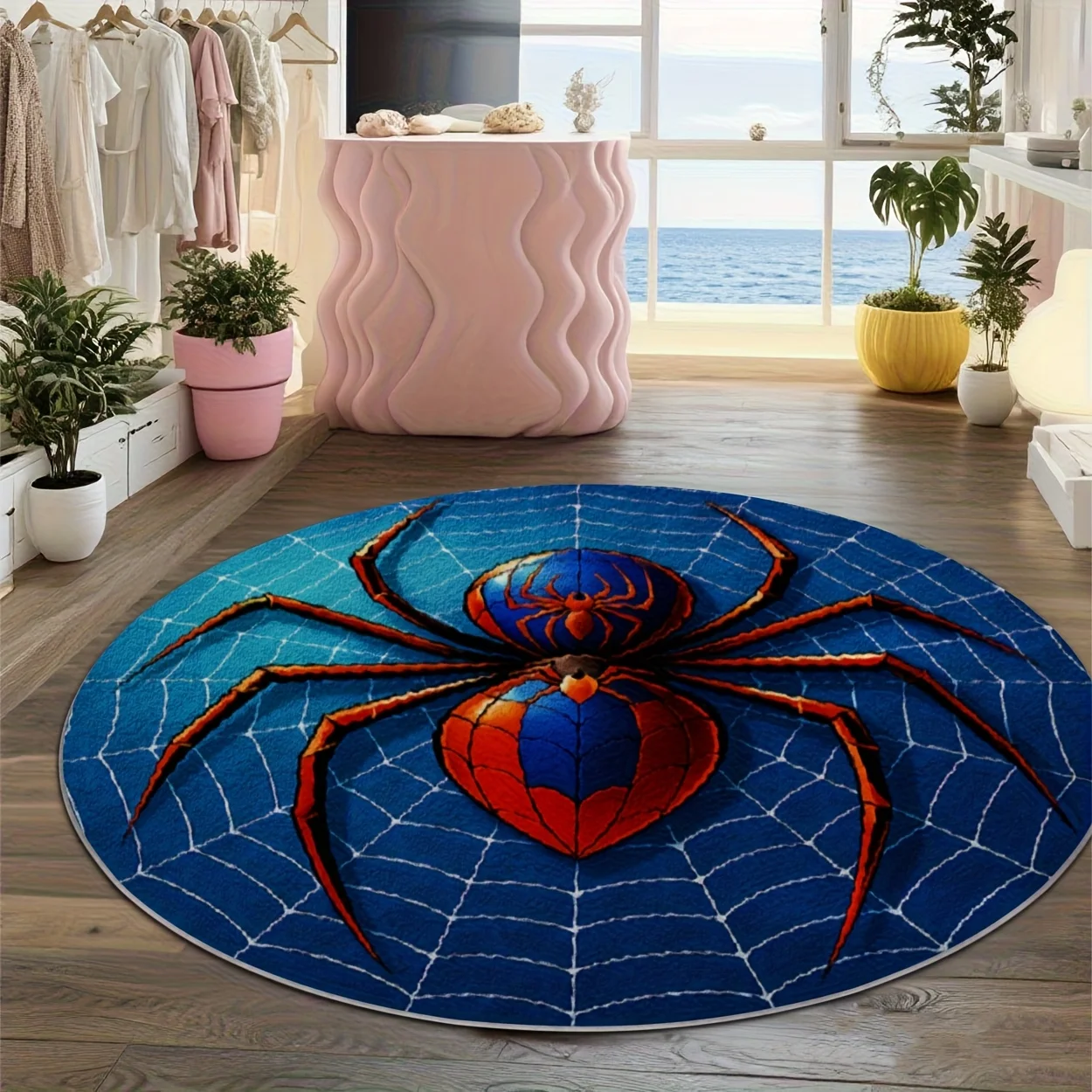 Cool Spider Pattern Round Area Rug, 2D Print Non-Shedding Circle Floor Mat, Non-Slip Washable Carpet for Living Room & Bedroom