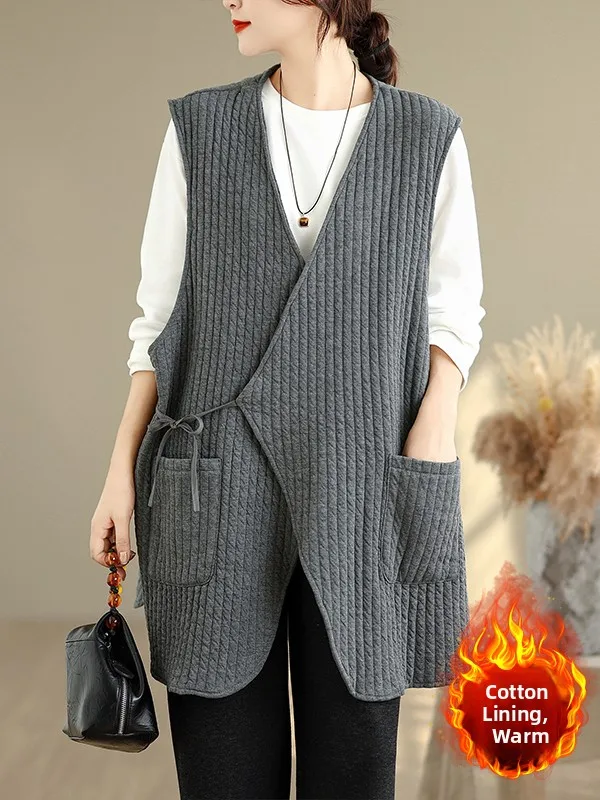 الرجعية خفيفة الوزن الصينية خياطة القطن سترة كبيرة الحجم المرأة V-Ne مربوط غير المتكافئة oulder أعلى الخريف الشتاء #4