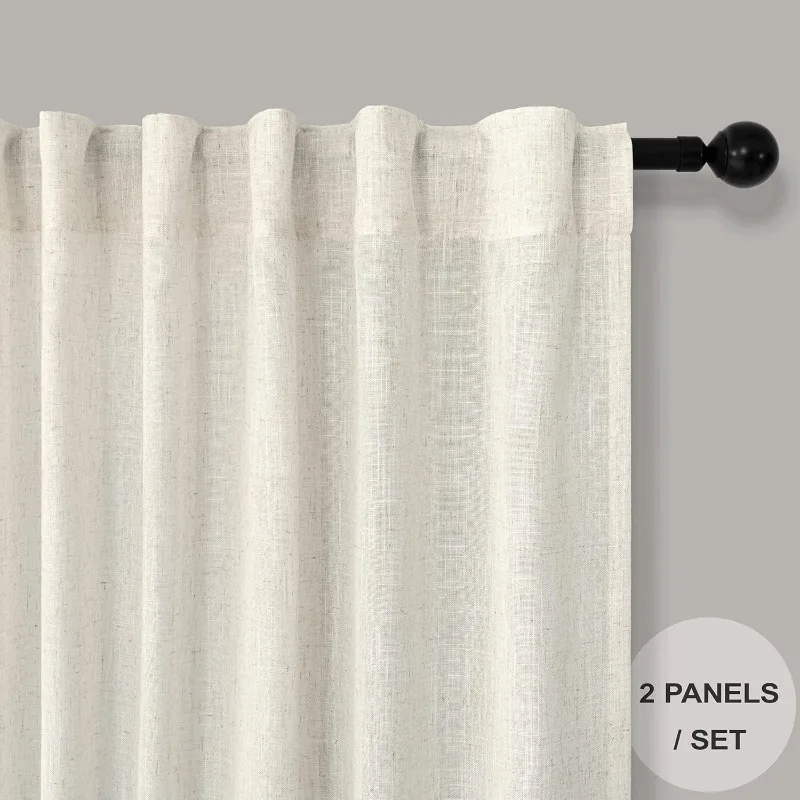 Marfim Cortinas brancas com bolsos na parte de trás para quarto, sala de estar, sala de jantar, 52x92 longo, 2 pcs