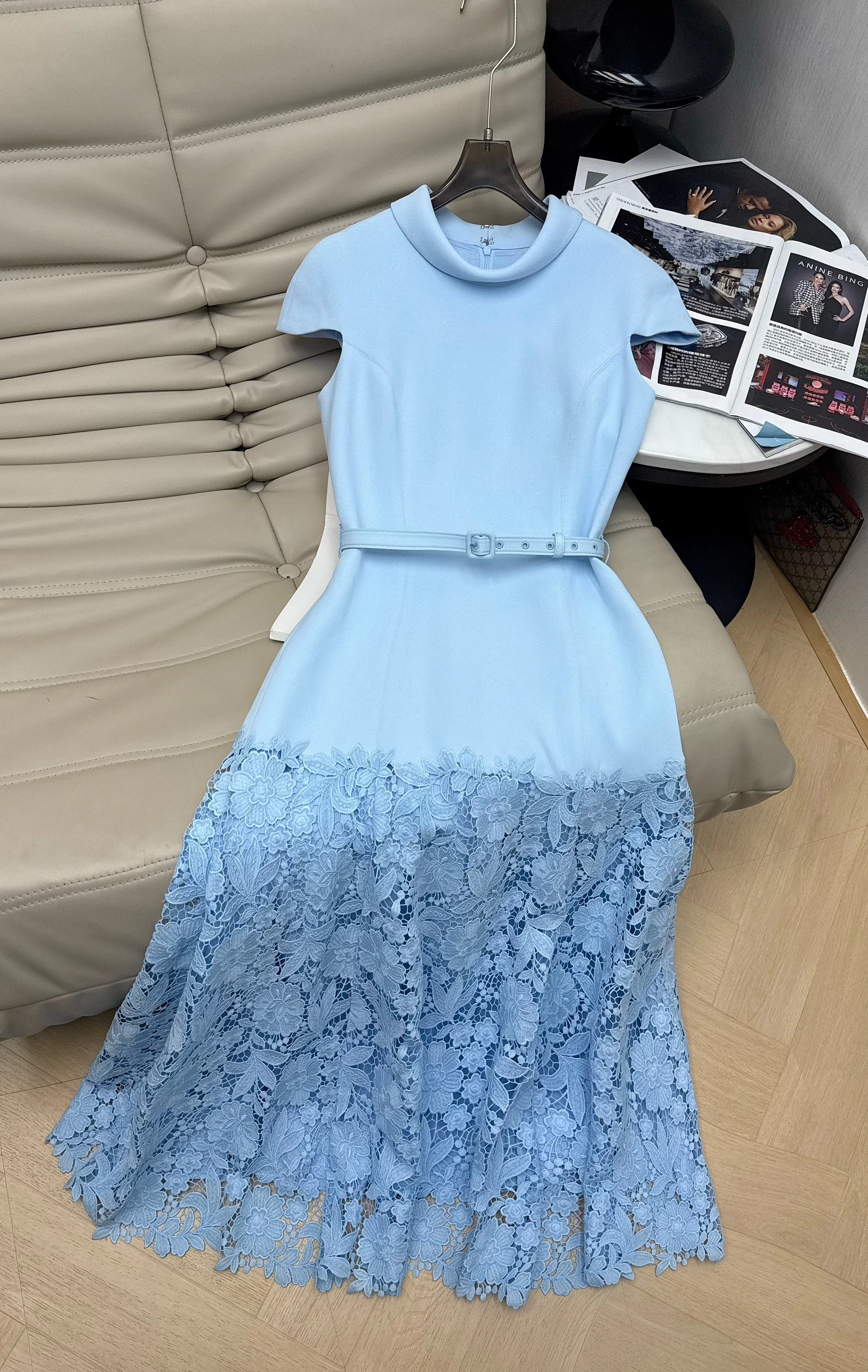

Sexy Ladies Mermaid Dress Fashion Women's Short Sleeve Blue Dress Elegant Lace Trumpet Dress For Party