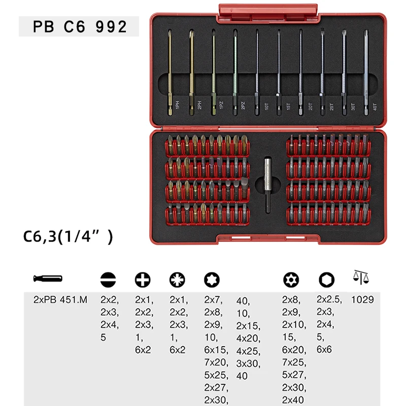 PB SWISS TOOLS Precision Screwdriver Bits Set Suitable for Slotted, Phillips, Pozidriv, Torx and Hexagon Socket Screws NO.C6 992