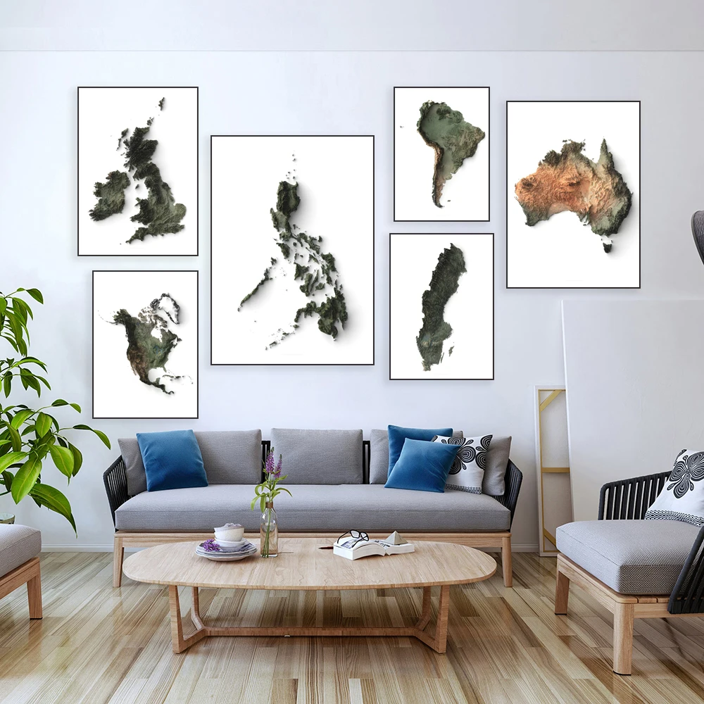 Germany, British Isles, Philippines, Sweden, Europe, South America, Asia, Africa, North America shaded relief map poster print