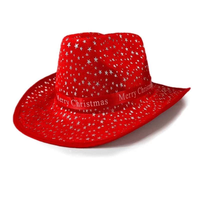 Christmas Red Fashion Cowboy Hat Adult Christmas Glitter Printed Jazz Hat Holiday Role Playing Costume Party Supplies