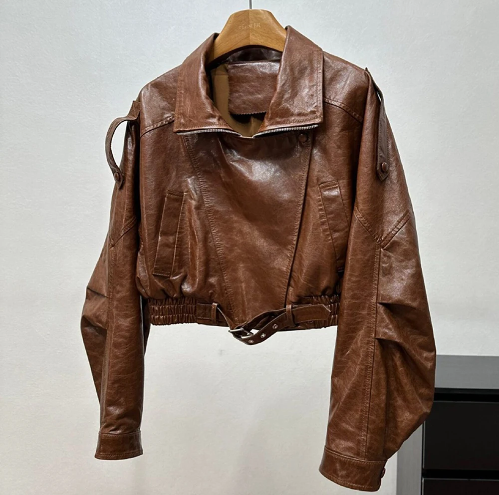 100% Sheepskin Short Jackets Women 2026 Fall Casual Cropped Moto Biker Jacket Female Elastic Waist Genuine Leather Coat Tops