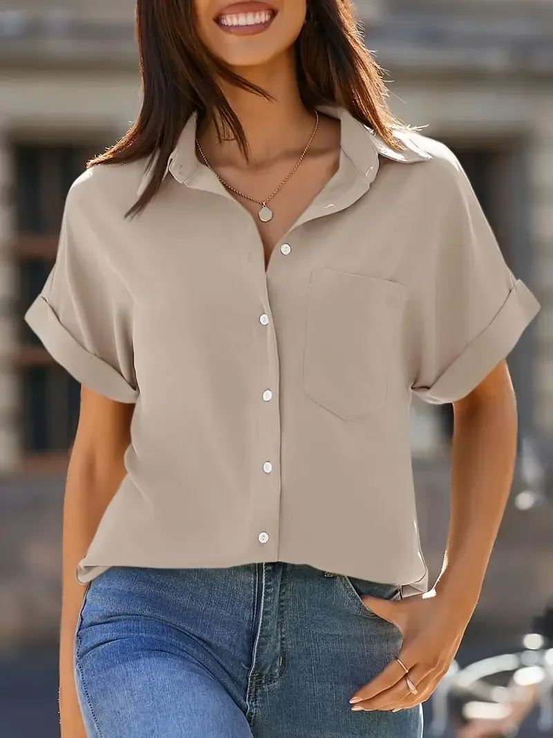 

Весна/Лето, большие размеры 1XL-5XL, женская повседневная однотонная рубашка на пуговицах с короткими рукавами, женская модная блузка с воротником с лацканами, рубашка