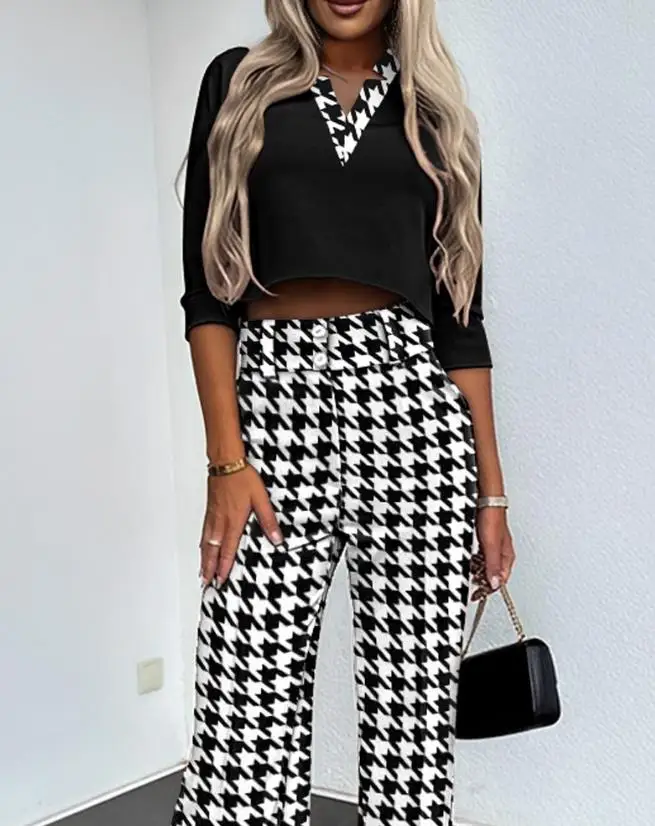 Houndstock Printed Patch Cut V-Neck Top and Work Pants Set 2023 New Best-Selling Women's Clothing