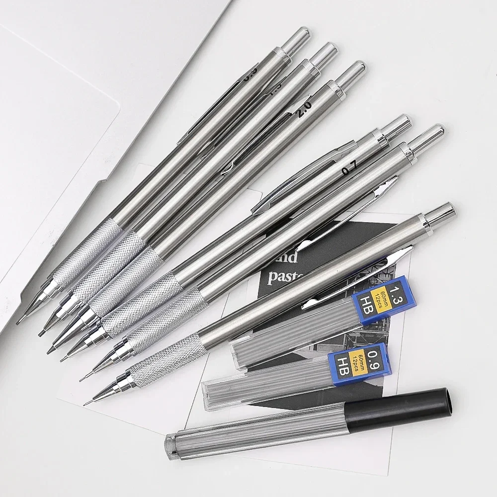 Druckbleistift aus Metall, 0,3/0,5/0,7/0,9/1,3/2,0 mm, Zeichnung, automatisches HB-Bleistift-Set mit Minen, Büro, Schule, Schreiben, Kunstbedarf