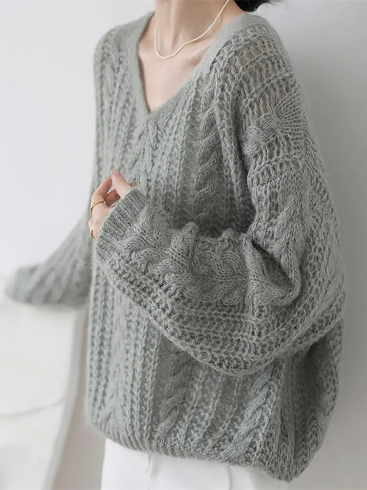 

Lazy Style Loose Sweater Women's Solid Color Spring And Autumn Thin Style Knitted Sweet Temperament V-neck Knitted Top